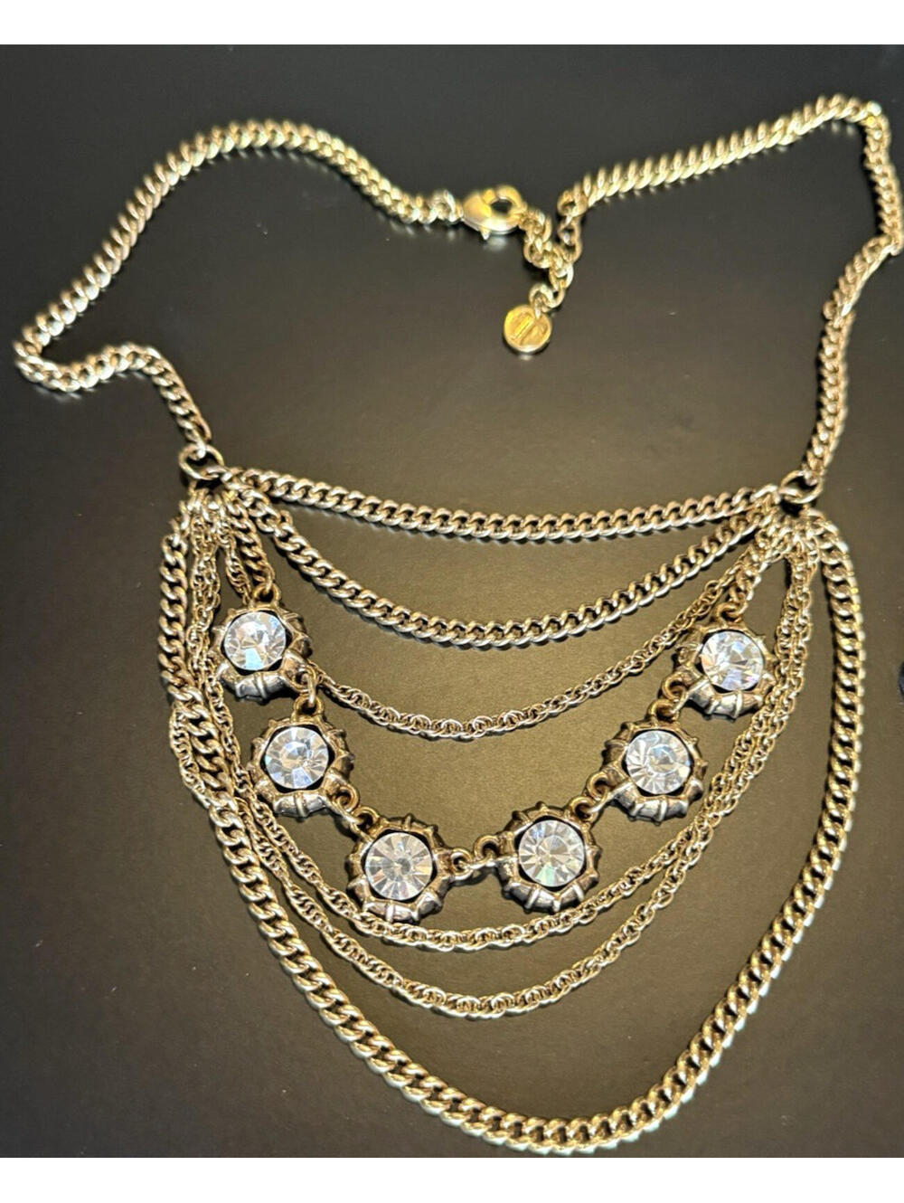 VTG Signed Talbots Gold Tone Multi Chain Clear Rhinestone Bib Statement Necklace